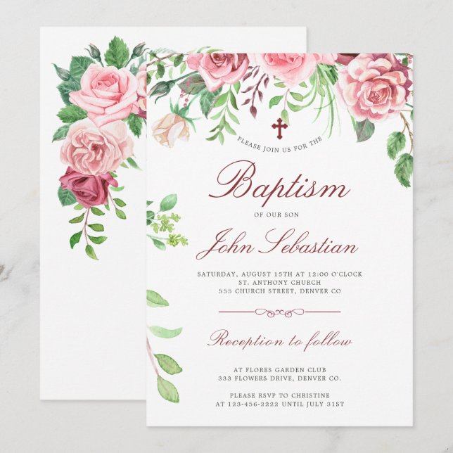 Wasserfarbe Rosengarten Taufe Rosengarten Einladung (Vorne/Hinten)