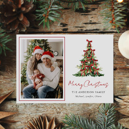 Wasserfarbe-Rotband-Weihnachtsbaum-Foto Feiertagskarte