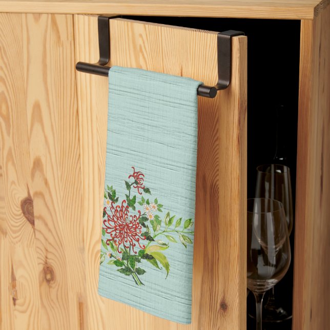 Wasserfarbe Rote Gerbera Daisy w/ Grüne Geschirrtuch (Drittel gefaltet)