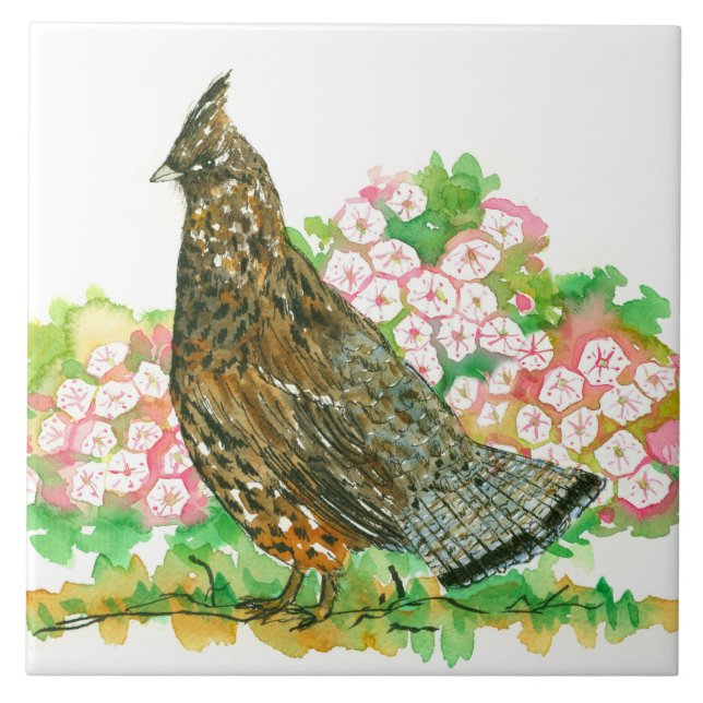 Wasserfarbe Ruffed Grouse Gamebird Mountain Laurel Fliese (Vorderseite)