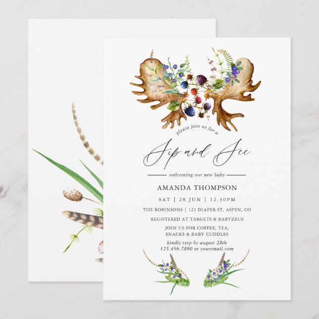 Wasserfarbe Rustikale Forest Sip and See Party Einladung (Vorne/Hinten)