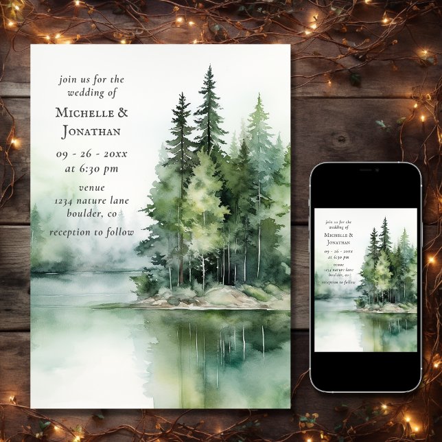 Wasserfarbe Rustikale Hochzeit des Wald-Sees Einladung (Printed and Digital - Watercolor Rustic Lake Woodland Forest Wedding Invitation)