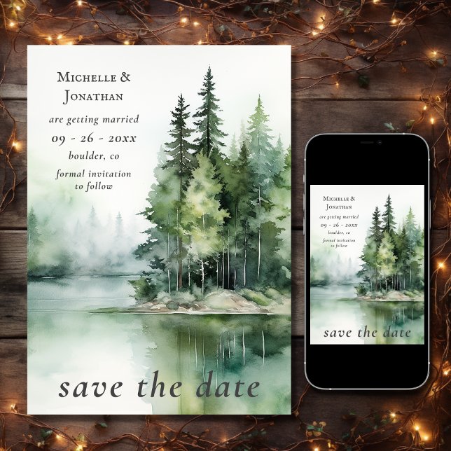 Wasserfarbe Rustikale Hochzeit des Wald-Sees Save The Date (Watercolor Rustic Lake Woodland Forest Wedding Save The Date)