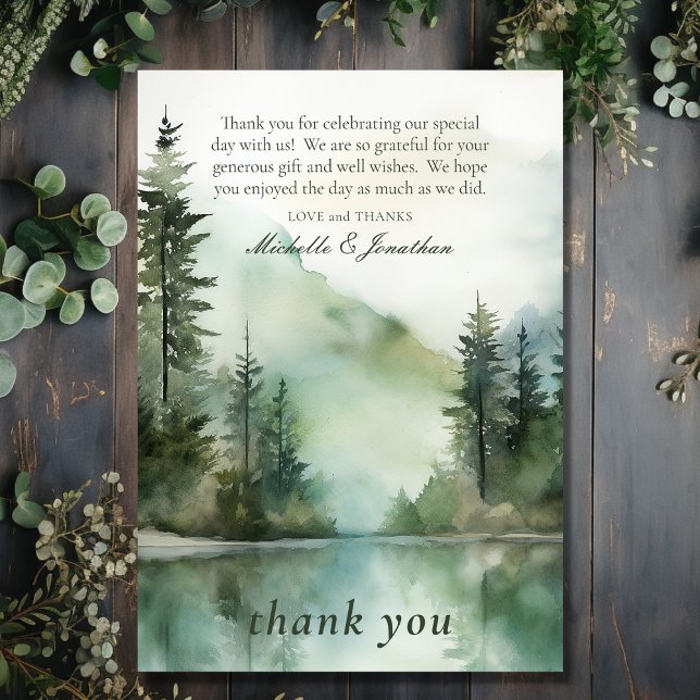 Wasserfarbe Rustikale Hochzeit im Bergsee Dankeskarte (Front - Watercolor Rustic Mountain Lake Forest Wedding Thank You Card)