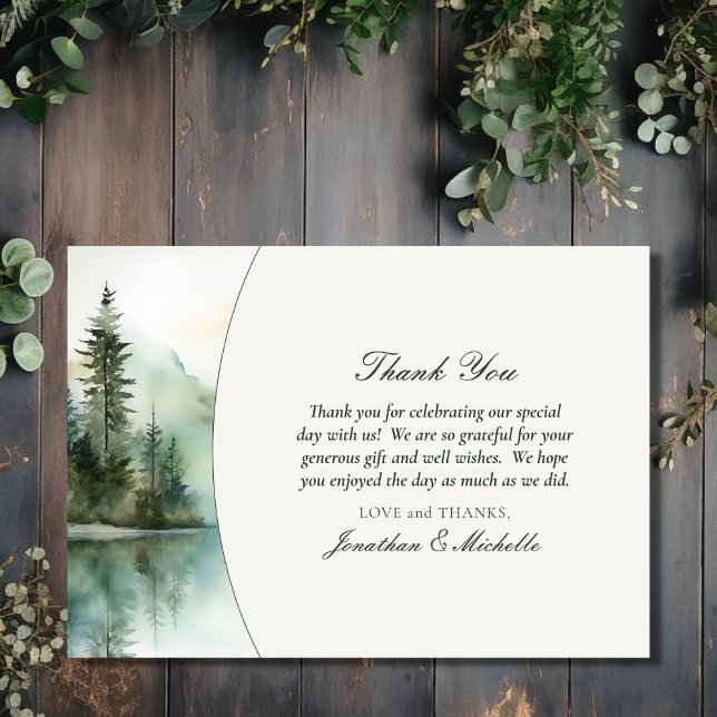 Wasserfarbe Rustikale Hochzeit im Bergsee Dankeskarte (Front - Rustic Mountain Lake Forest Wedding Details Thank You Card)