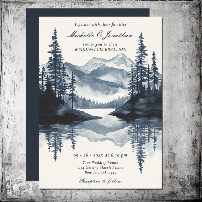 Wasserfarbe Rustikale Hochzeit im Bergsee Einladung (Watercolor Rustic Mountain Lake Forest Wedding Invitation)