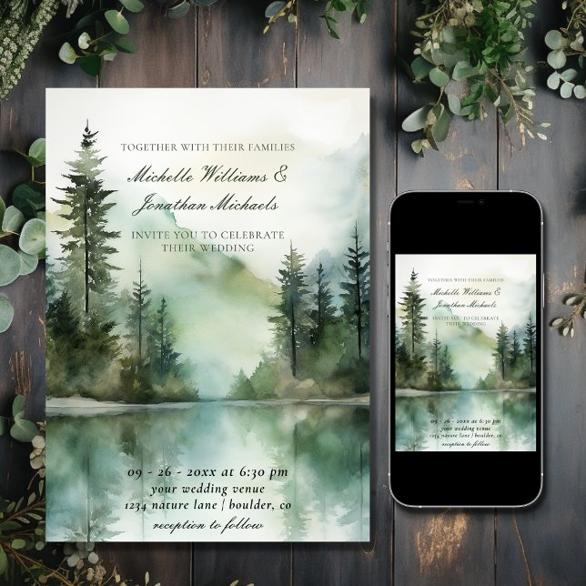 Wasserfarbe Rustikale Hochzeit im Bergsee Einladung (Printed and Digital - Watercolor Rustic Mountain Lake Forest Wedding Invitation)