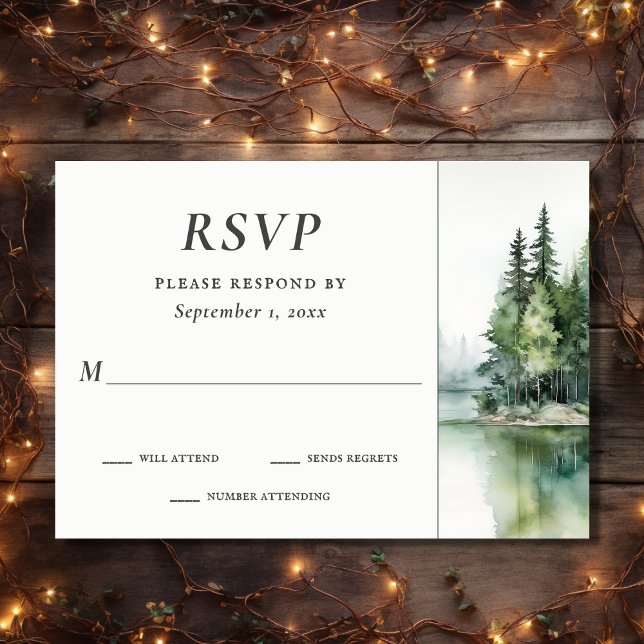 Wasserfarbe Rustikale Hochzeit im Bergsee RSVP Karte (Front - Watercolor Rustic Mountain Lake Forest Wedding RSVP Card)