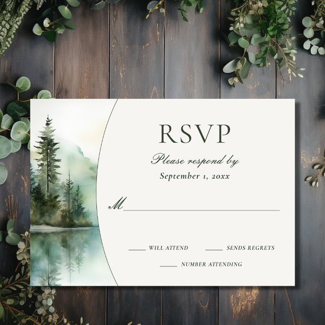 Wasserfarbe Rustikale Hochzeit im Bergsee RSVP Karte (Front - Watercolor Rustic Mountain Lake Forest Wedding RSVP Card)