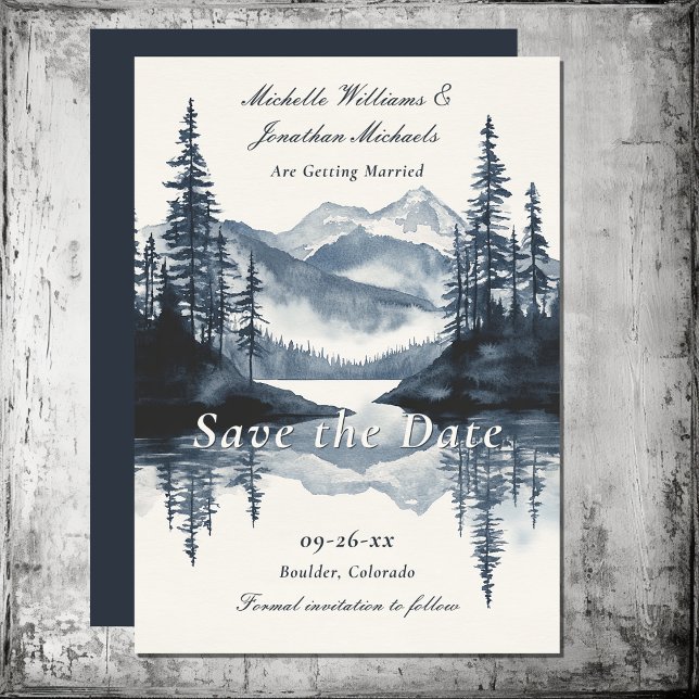 Wasserfarbe Rustikale Hochzeit im Bergsee Save The Date (Watercolor Rustic Mountain Lake Forest Wedding Save The Date)