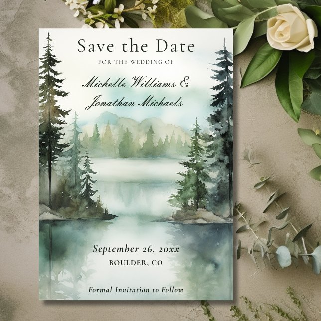Wasserfarbe Rustikale Hochzeit im Bergsee Save The Date (Front - Watercolor Rustic Mountain Lake Forest Wedding Save The Date)