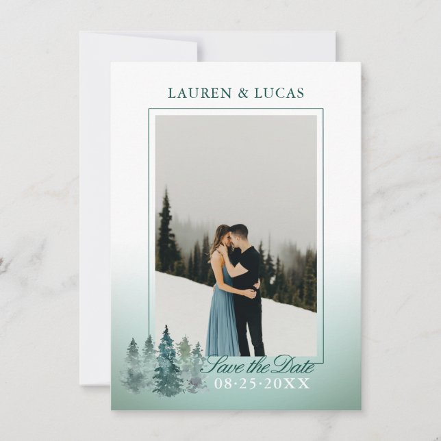 Wasserfarbe Rustikale Pinienwälder FOTO Hochzeit Save The Date (Vorderseite)