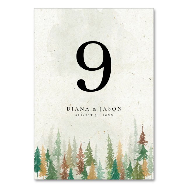 Wasserfarbe Rustikale Pinienwälder Tischnummer (Vorderseite)