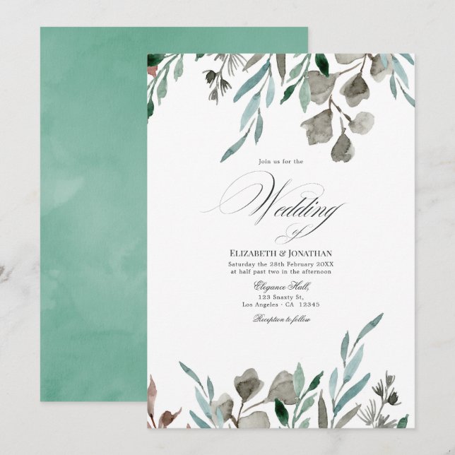 Wasserfarbe Rustikale Vegetation Winterhochzeit Einladung (Vorne/Hinten)