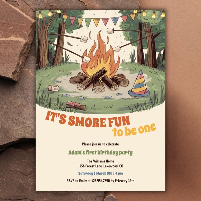 Wasserfarbe Rustikaler Bonfire Spaß Smores 1. Gebu Einladung (Watercolor Rustic Bonfire Camping Themed Fun Smores 1st Birthday Invitation)