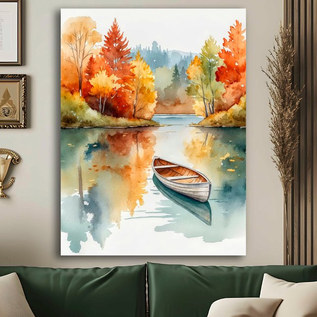 Wasserfarbe Rustikaler Herbstsee mit Rowboat & Bäu Poster (Von Creator hochgeladen)
