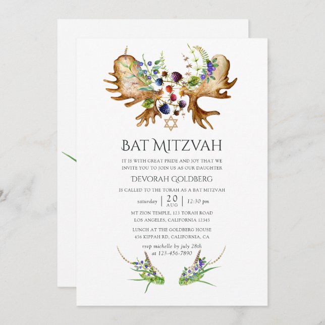 Wasserfarbe Rustikaler Wald Bat Mitzvah Einladung (Vorne/Hinten)