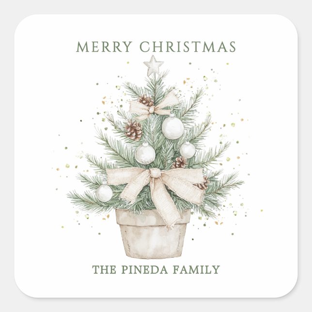 Wasserfarbe Rustikaler Weihnachtsbaum Quadratischer Aufkleber (Vorderseite)