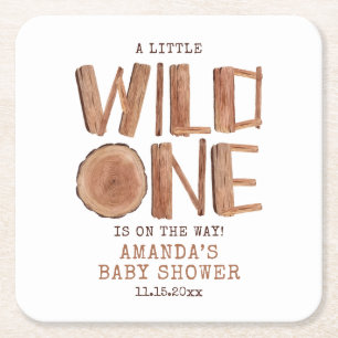 Wasserfarbe Rustikales Holz Wild One Baby Dusche Rechteckiger Pappuntersetzer