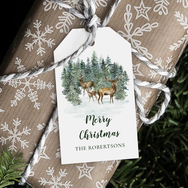 Wasserfarbe Rustikales Waldland Hirsche Weihnachte Geschenkanhänger (Von Creator hochgeladen)