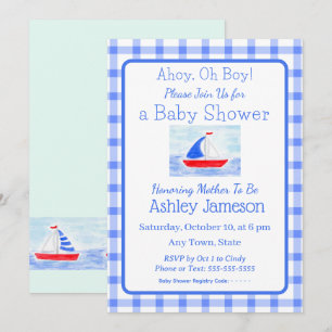 Wasserfarbe Sailboat Blue Karo Babydusche Einladung