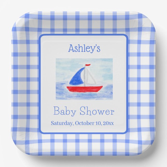 Wasserfarbe Sailboat Blue Karo Babydusche Pappteller (Vorderseite)