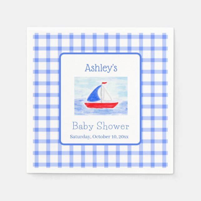 Wasserfarbe Sailboat Blue Karo Babydusche Serviette (Vorderseite)