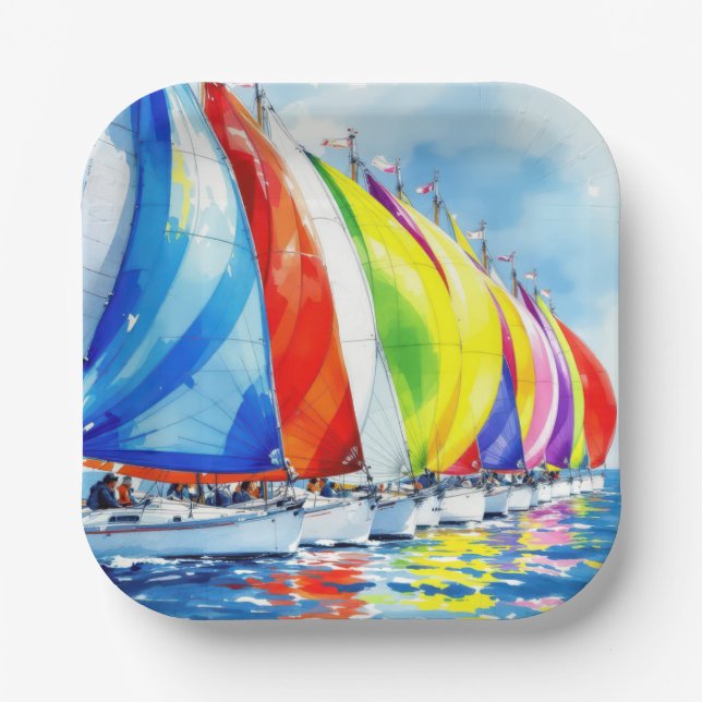 Wasserfarbe Sailboat Regatta Pappteller (Vorderseite)