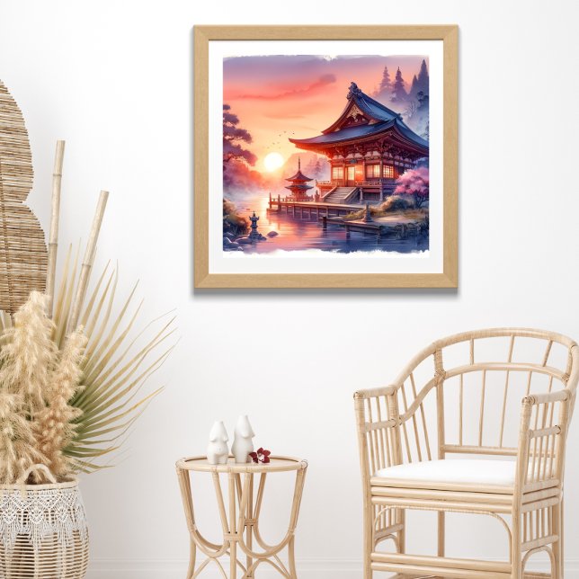 Wasserfarbe Sakura Japanischer Tempel im Sonnenunt Poster (Von Creator hochgeladen)