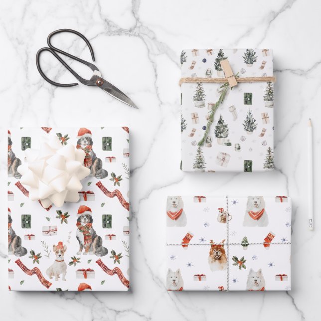 Wasserfarbe Santa Dog Welpe Weihnachten Weihnachte Geschenkpapier Set (Vorderseite)