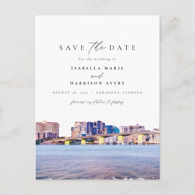 Wasserfarbe Sarasota Florida Skyline Save the Date Postkarte (Vorderseite)