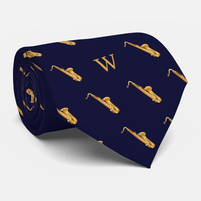 Wasserfarbe Saxophon Jazz Musik Mit Monogramm Blau Krawatte (Gerollt)