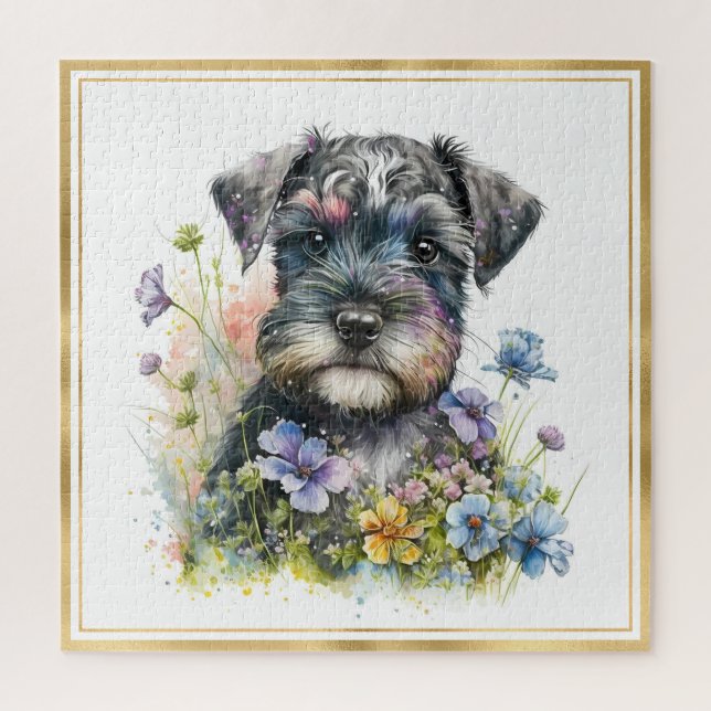 Wasserfarbe Schnauzer Welpe mit Goldrahmen Puzzle (Vertikal)