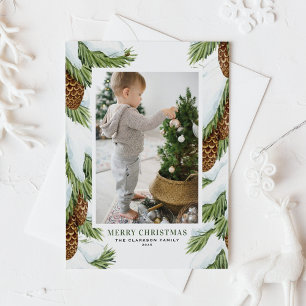 Wasserfarbe Schnee Pinecones Weihnachts-Foto Feiertagskarte