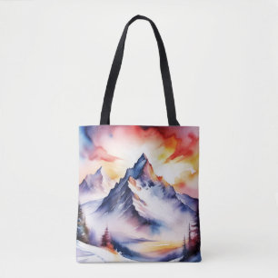 Wasserfarbe schneebedeckte Berge unter rotem Himme