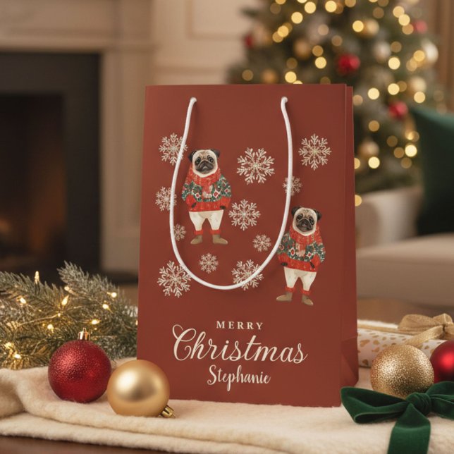 Wasserfarbe Schneeflocken Terracotta Mops Dog Weih Mittlere Geschenktüte (Von Creator hochgeladen)