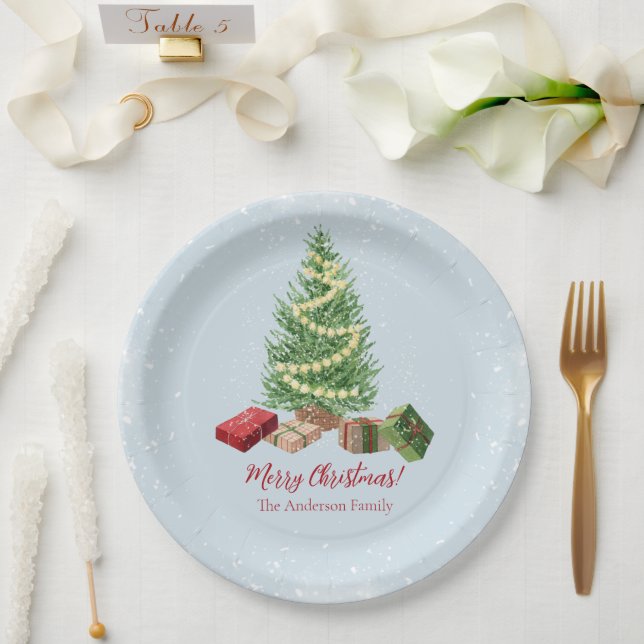 Wasserfarbe Schneeweihnachtsbaum und Geschenke Pappteller (Hochzeit)