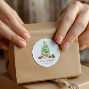 Wasserfarbe Schneeweihnachtsbaum und Geschenke Runder Aufkleber