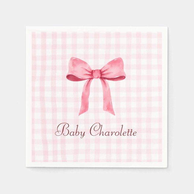 Wasserfarbe Schöne klassische Gingham Pink Bow Gir Serviette (Vorderseite)