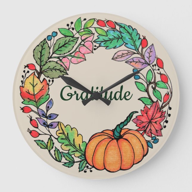 Wasserfarbe Schöner Kürbiskranz mit Blätter Große Wanduhr (Vorderseite)