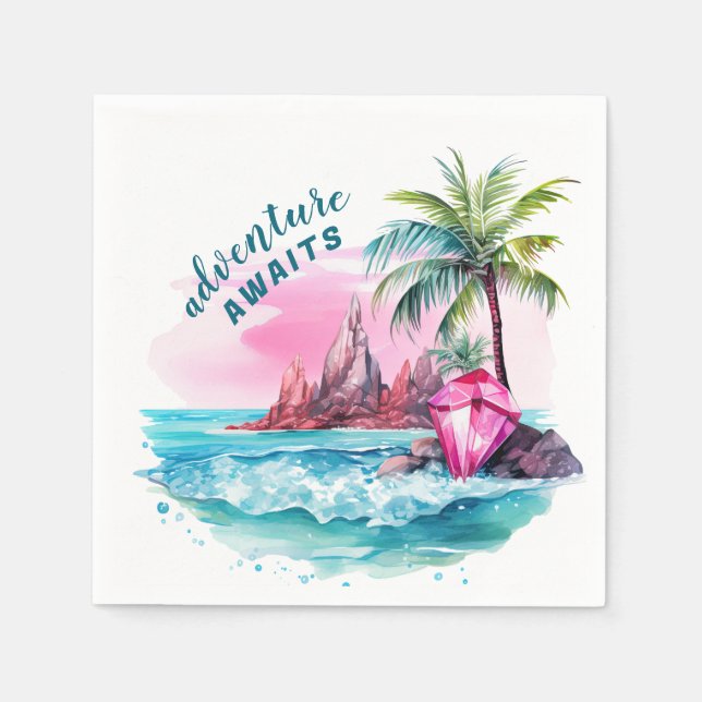 Wasserfarbe Schöner Strand Palme Tree Aussicht auf Serviette (Vorderseite)
