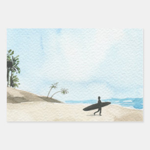 Wasserfarbe Schöner Strand und Surfer Geschenkpapier Set