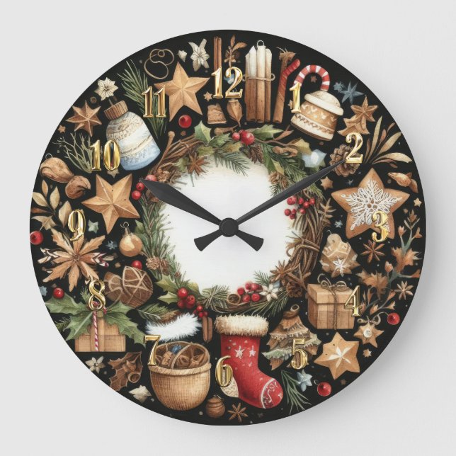 Wasserfarbe Schwarz Rustikale Weihnachtsmotive Url Große Wanduhr (Vorderseite)