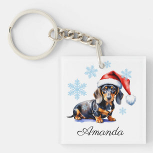 Wasserfarbe Schwarz & Tan Dackel Weihnachtshund Schlüsselanhänger