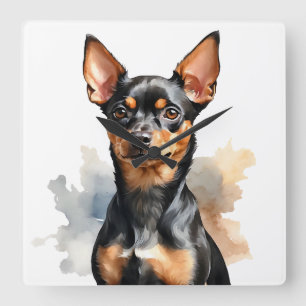 WASSERFARBE, SCHWARZ UND KLEINE MINIATURPINSCHER H QUADRATISCHE WANDUHR