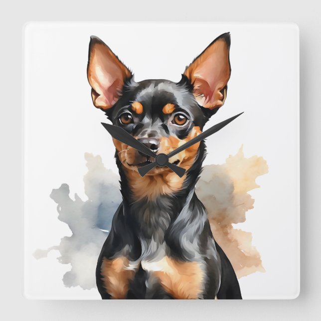 WASSERFARBE, SCHWARZ UND KLEINE MINIATURPINSCHER H QUADRATISCHE WANDUHR (Vorderseite)