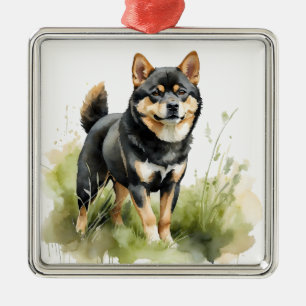 WASSERFARBE SCHWARZ UND TAN SHIBA INU HUND ORNAMENT AUS METALL