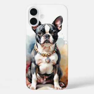 WASSERFARBE SCHWARZ UND WEISS BOSTON TERRIER HUND iPhone 16 PLUS HÜLLE