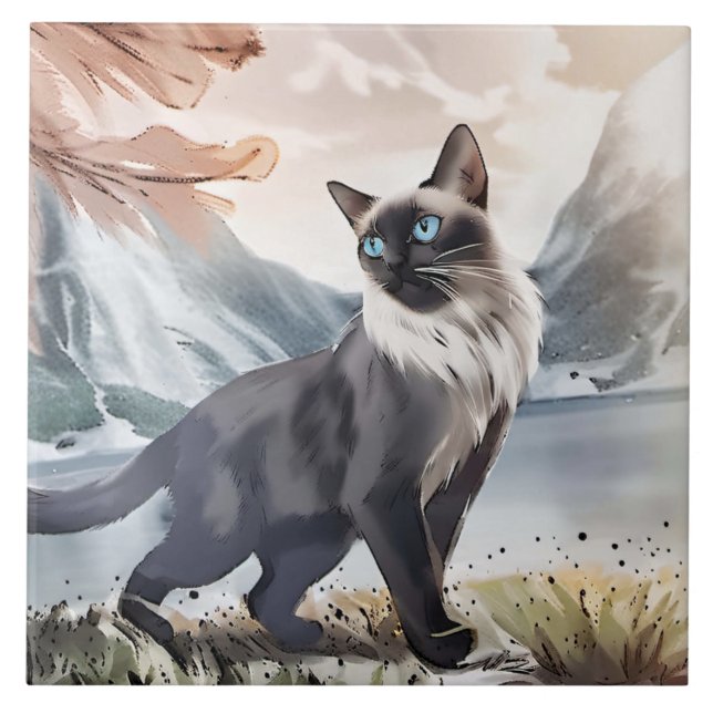 Wasserfarbe Schwarz und Weiße Flusskatze in der Na Fliese (Vorderseite)