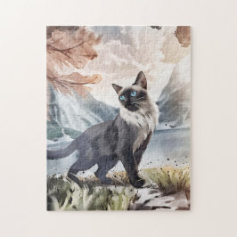 Wasserfarbe Schwarz und Weiße Flusskatze in der Na Puzzle